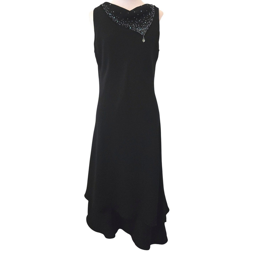 Y2K Virgo Black Beaded Cowl Neck Asymmetrical Handkerchief Hem Evening Gown SZ 8